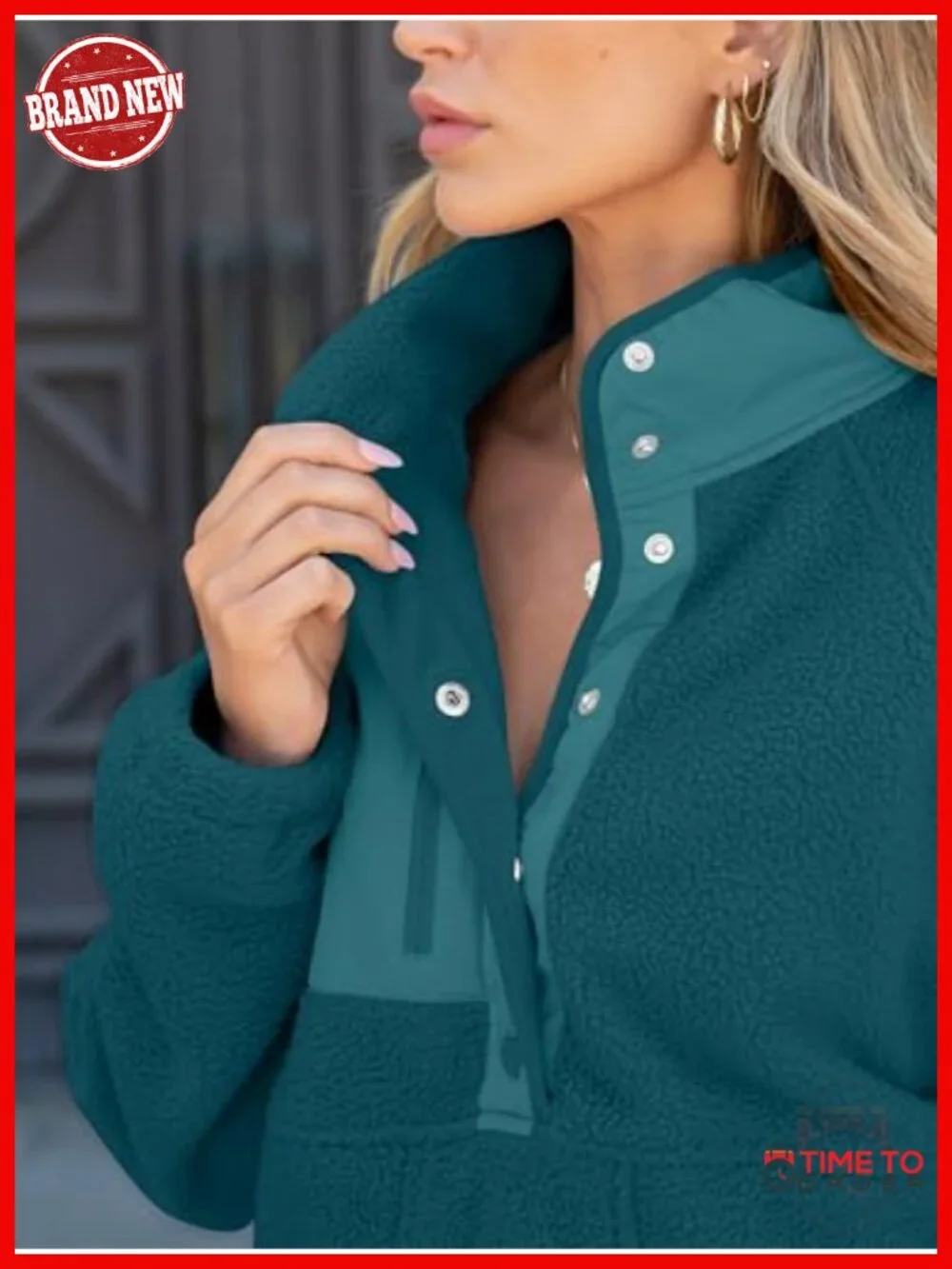 Fuzzy Fleece Pullover Sherpa Jacket - Color Block, Button Down, Long Sleeve,